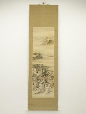 大河内夜江筆　秋景山水　肉筆絹本掛軸（保護箱）